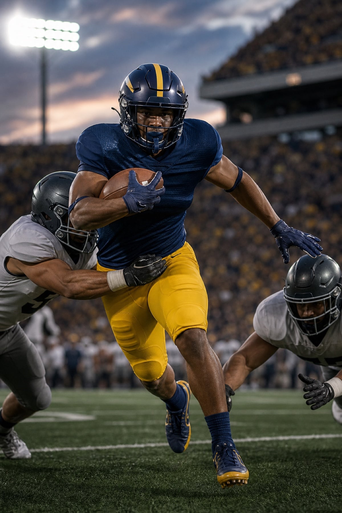 Collegiate-level running back in navy and maize breaking through defenders